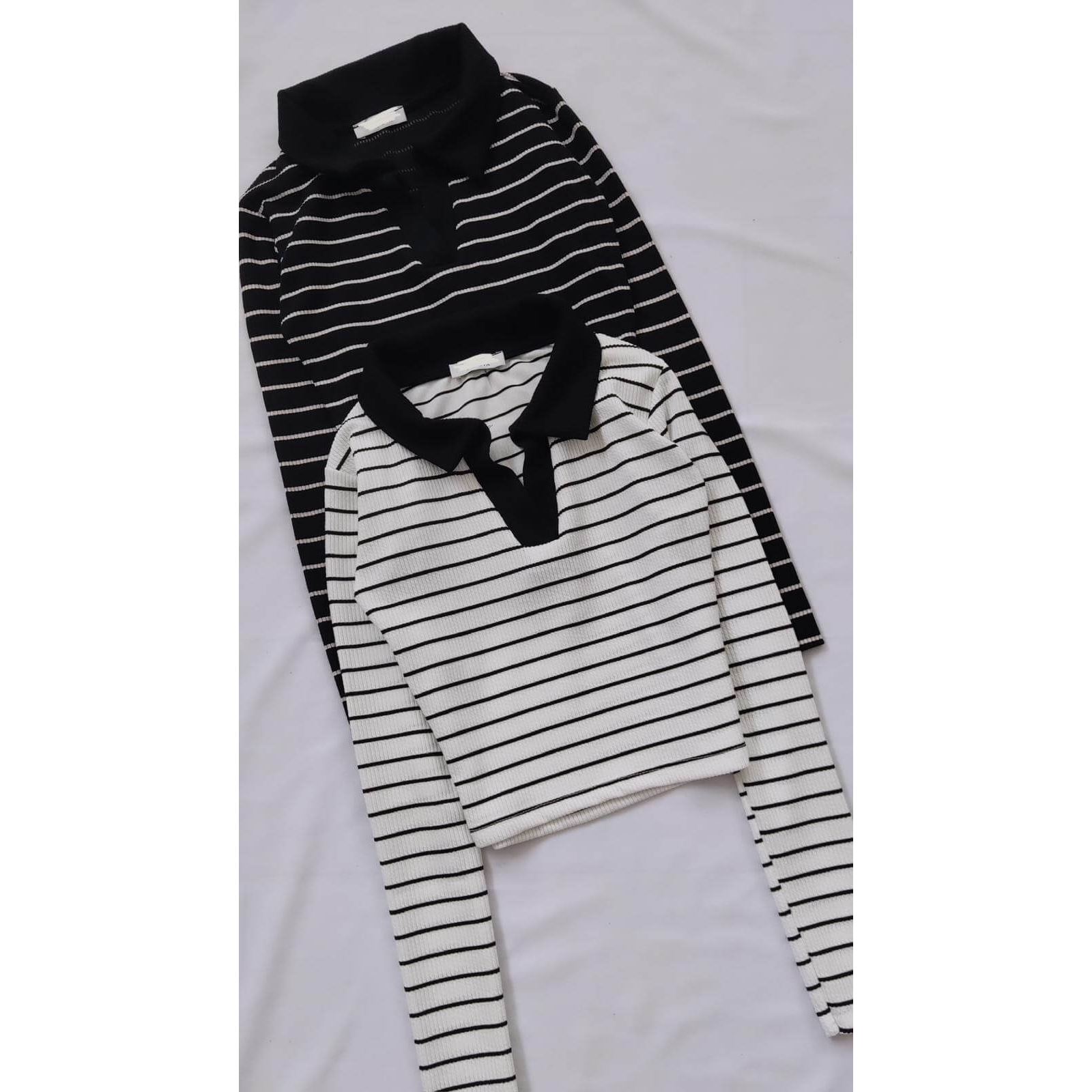 Siyah Polo Yaka Çizgili Bluz