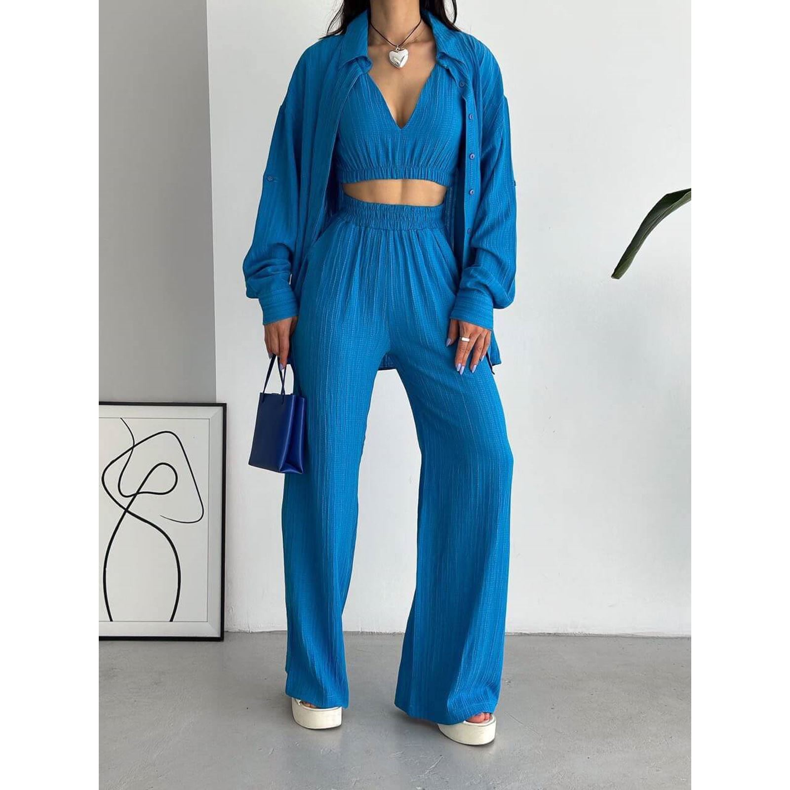Mavi Crop Pantolon Gömlek Takım