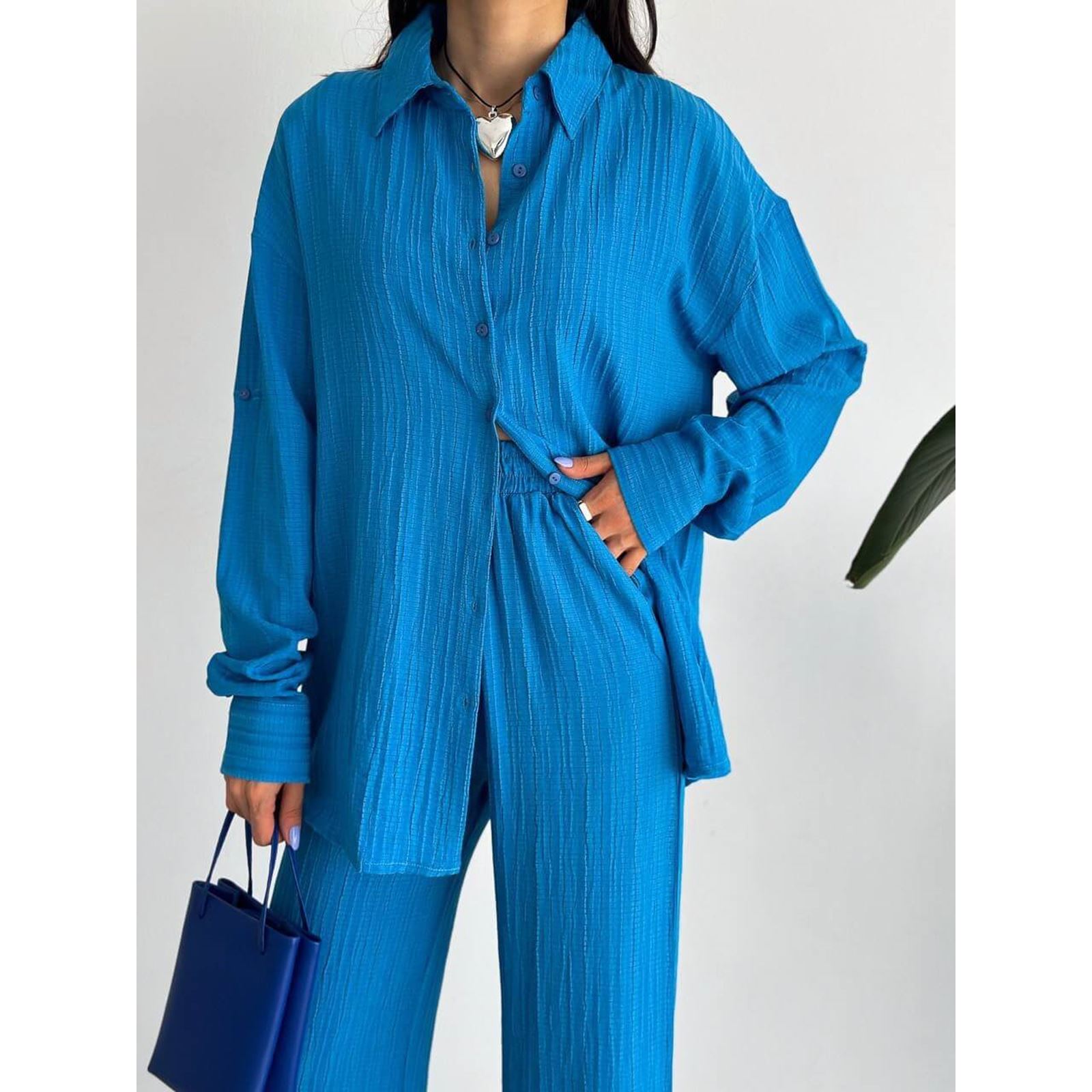 Mavi Crop Pantolon Gömlek Takım