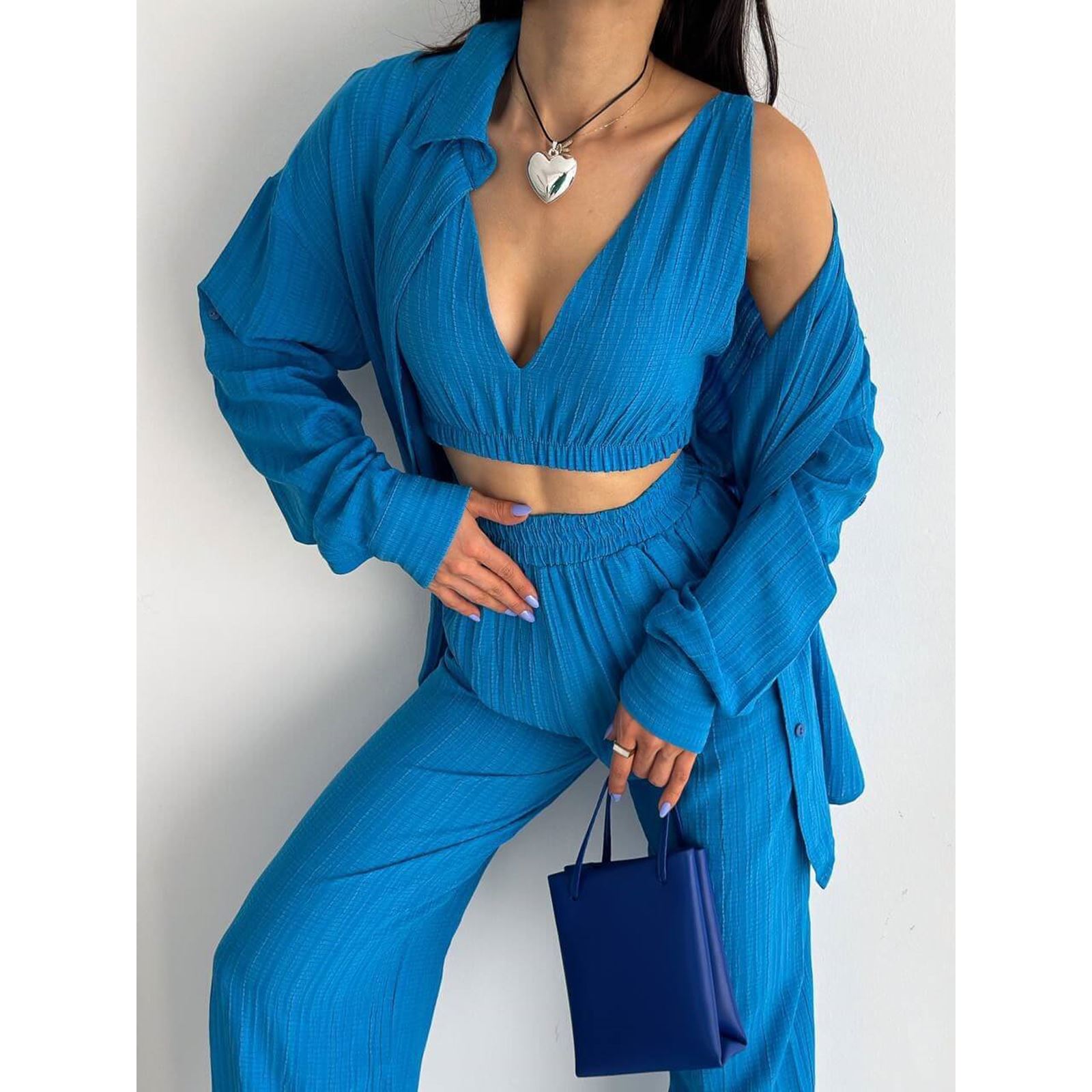 Mavi Crop Pantolon Gömlek Takım