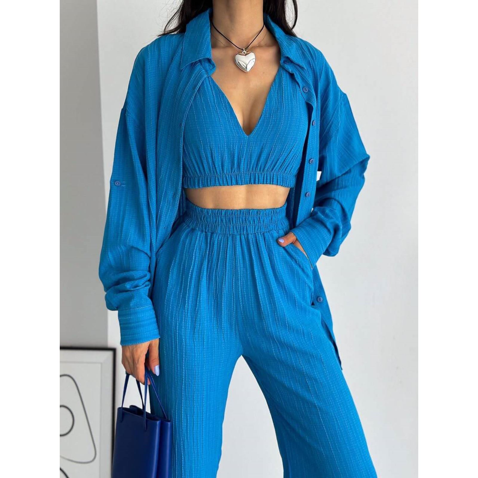 Mavi Crop Pantolon Gömlek Takım