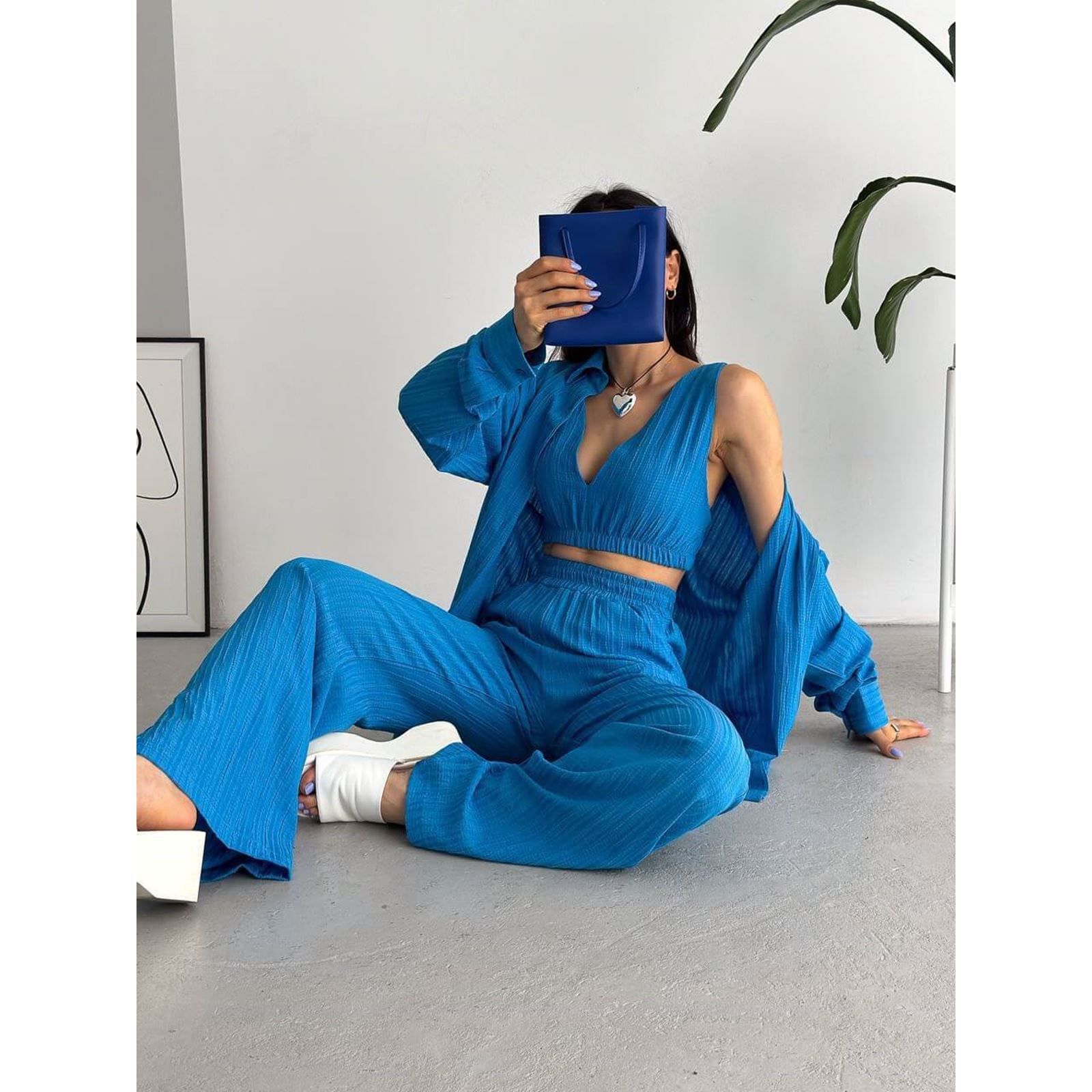 Mavi Crop Pantolon Gömlek Takım