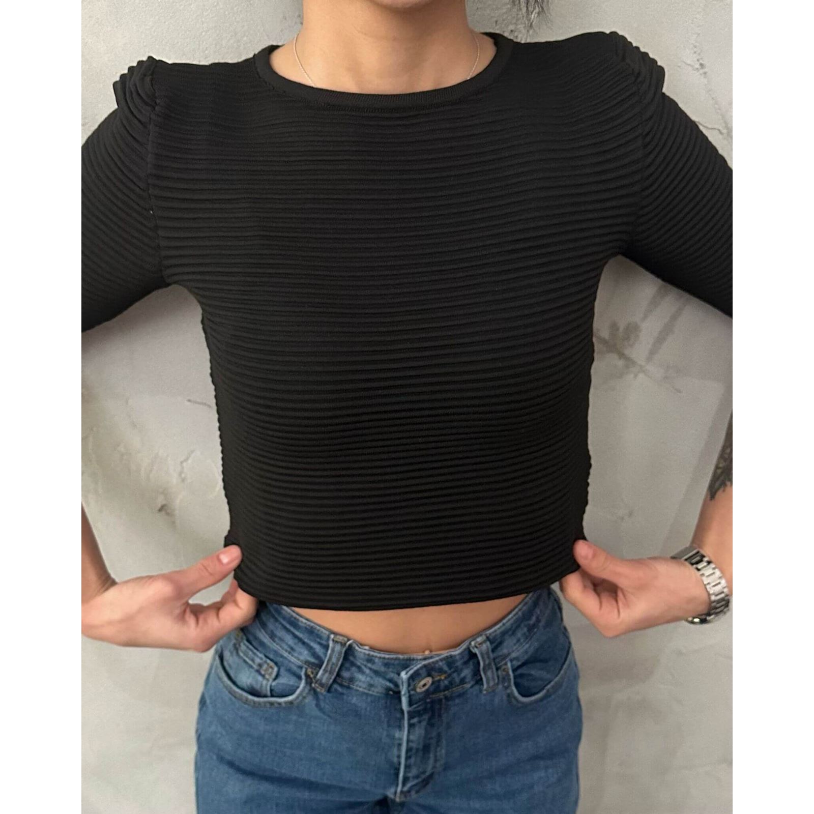 Siyah Fitilli Yarım Kol Triko