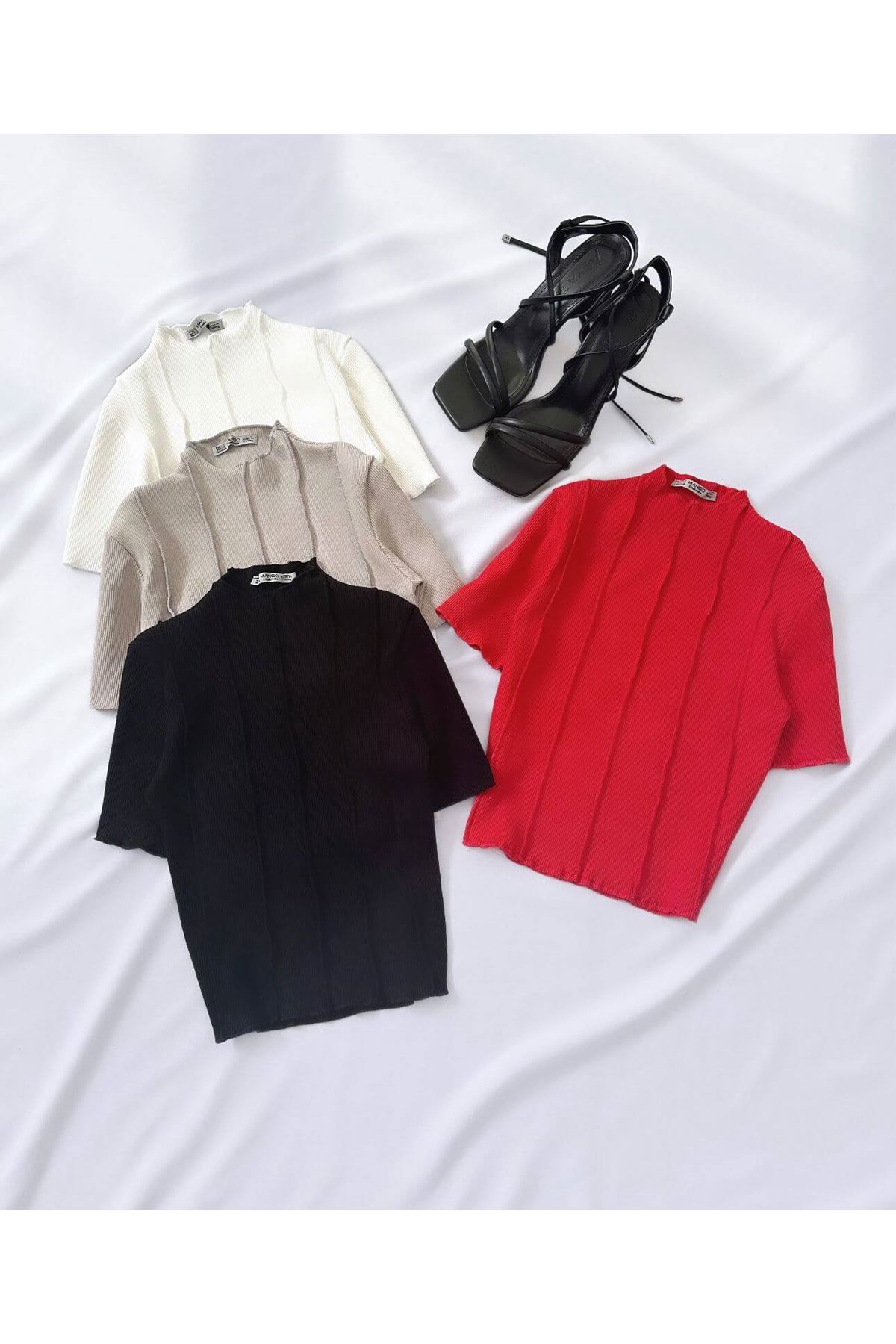 Kırmızı Ters Dikiş Crop Bluz