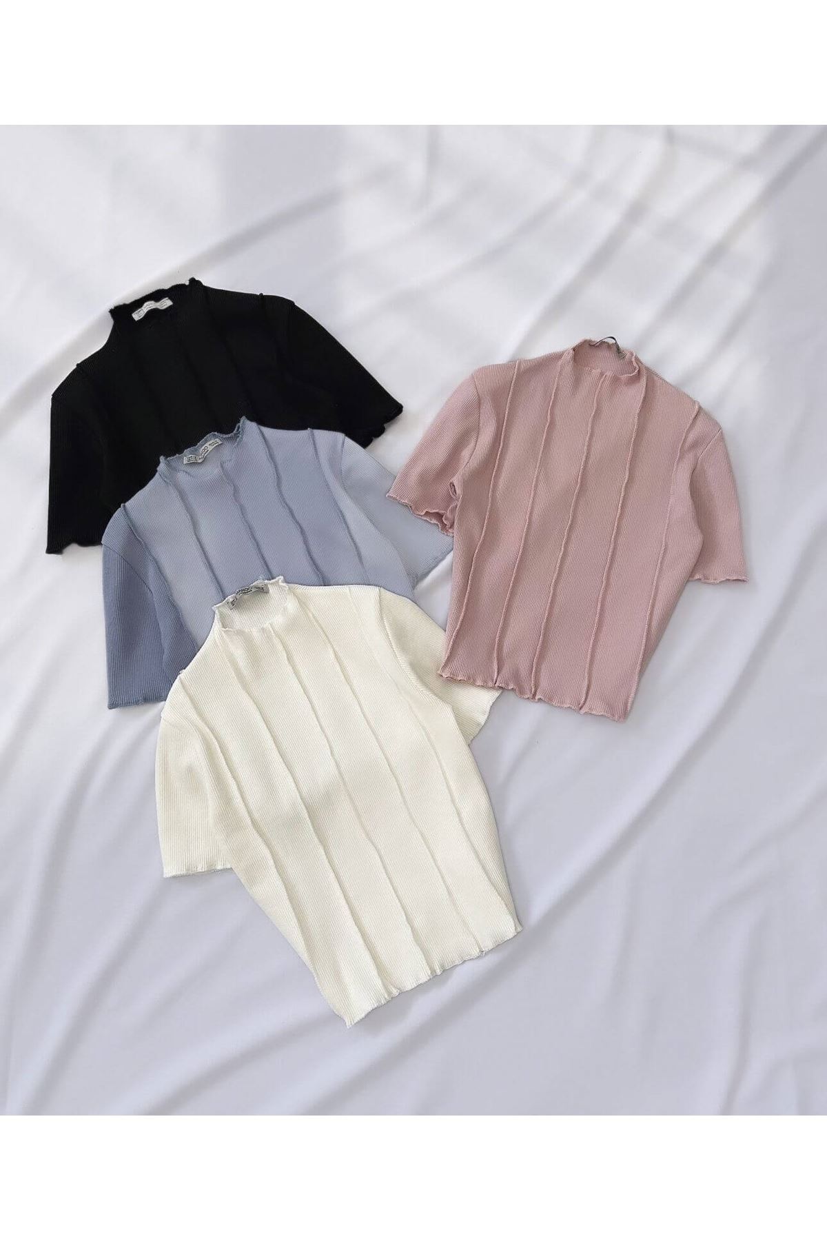 Siyah Ters Dikiş Crop Bluz