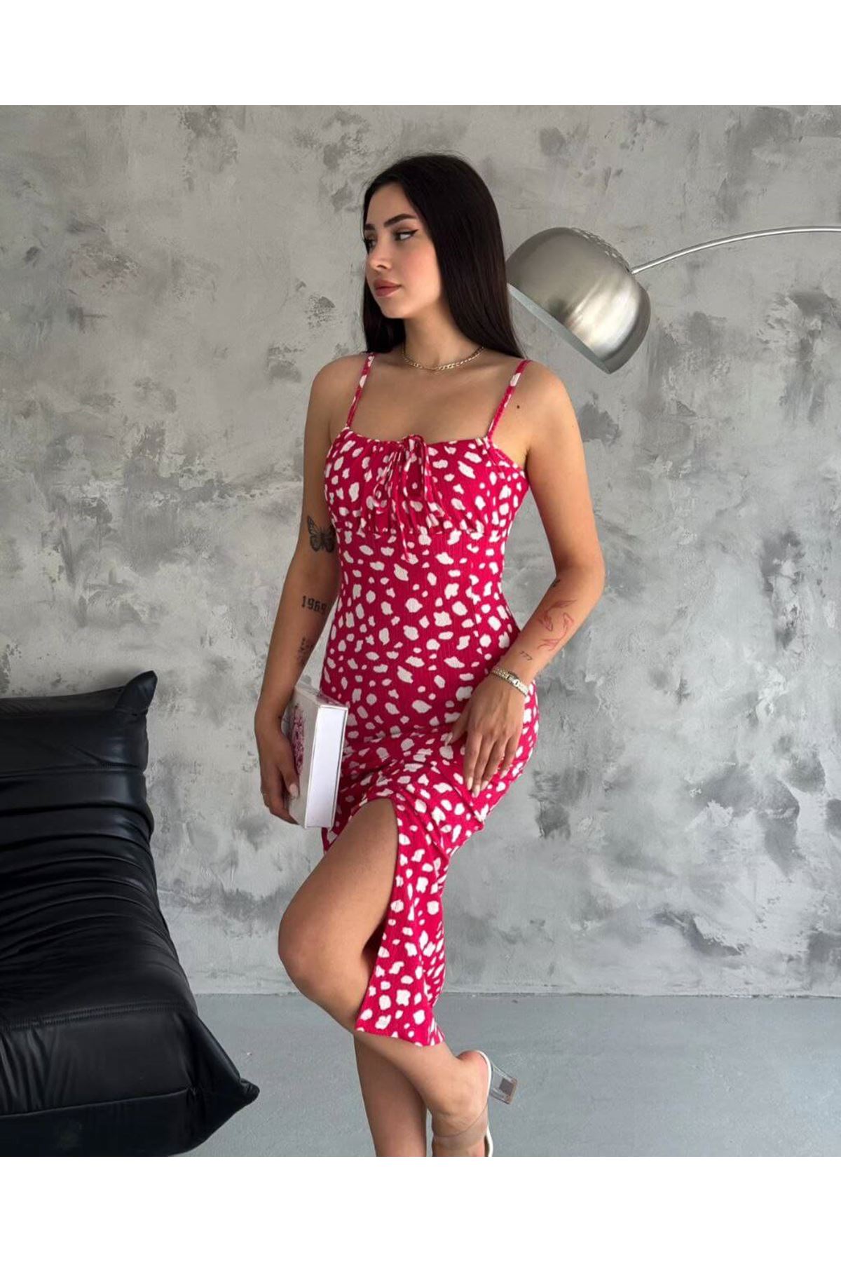 Pembe Leopar Desen Büzgü Detay Uzun Elbise