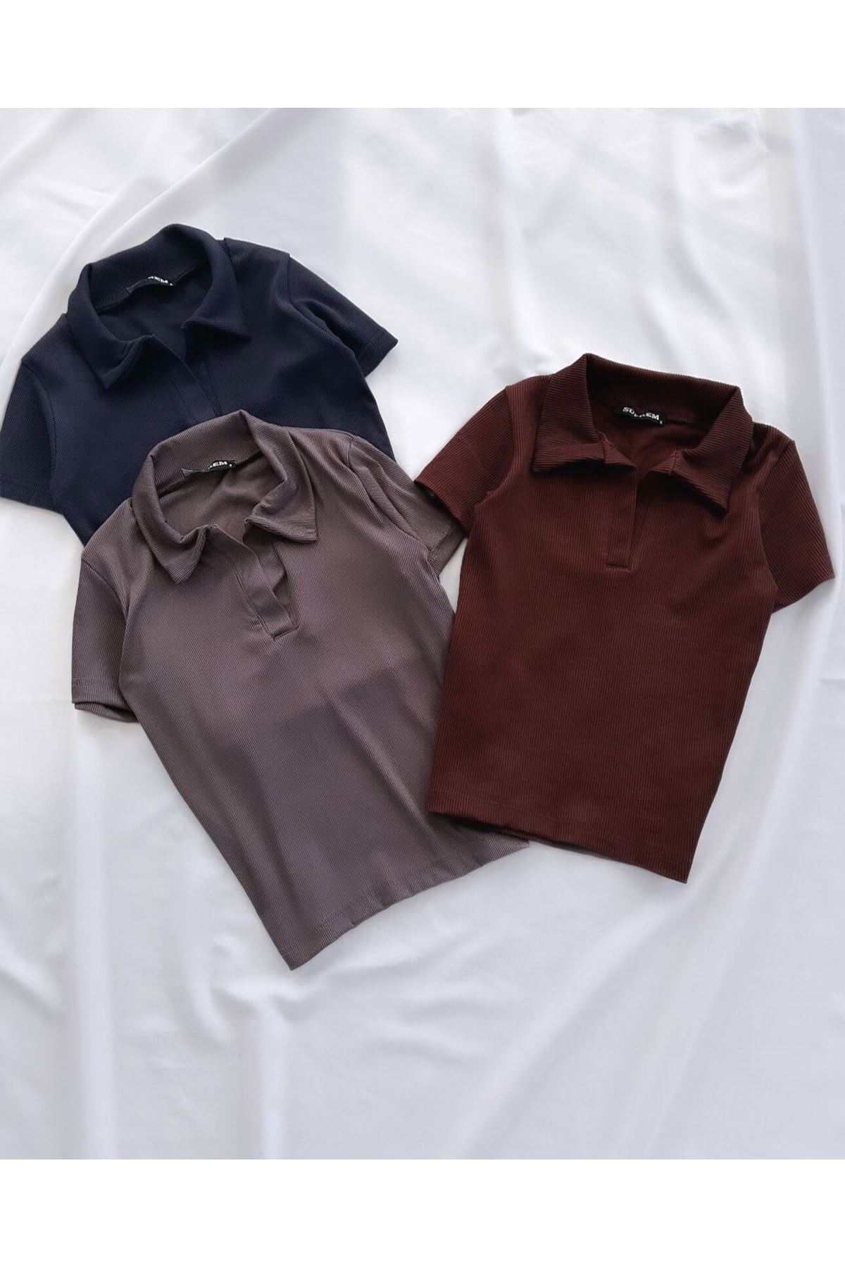 Kahverengi Polo Yaka Crop