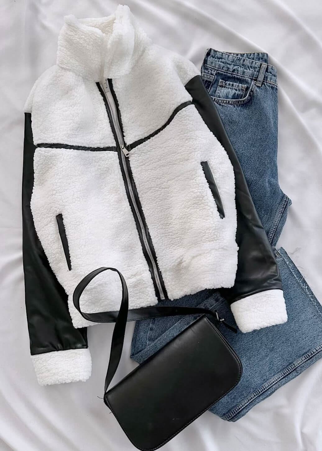 Beyaz Kol Deri Detay Peluş Ceket