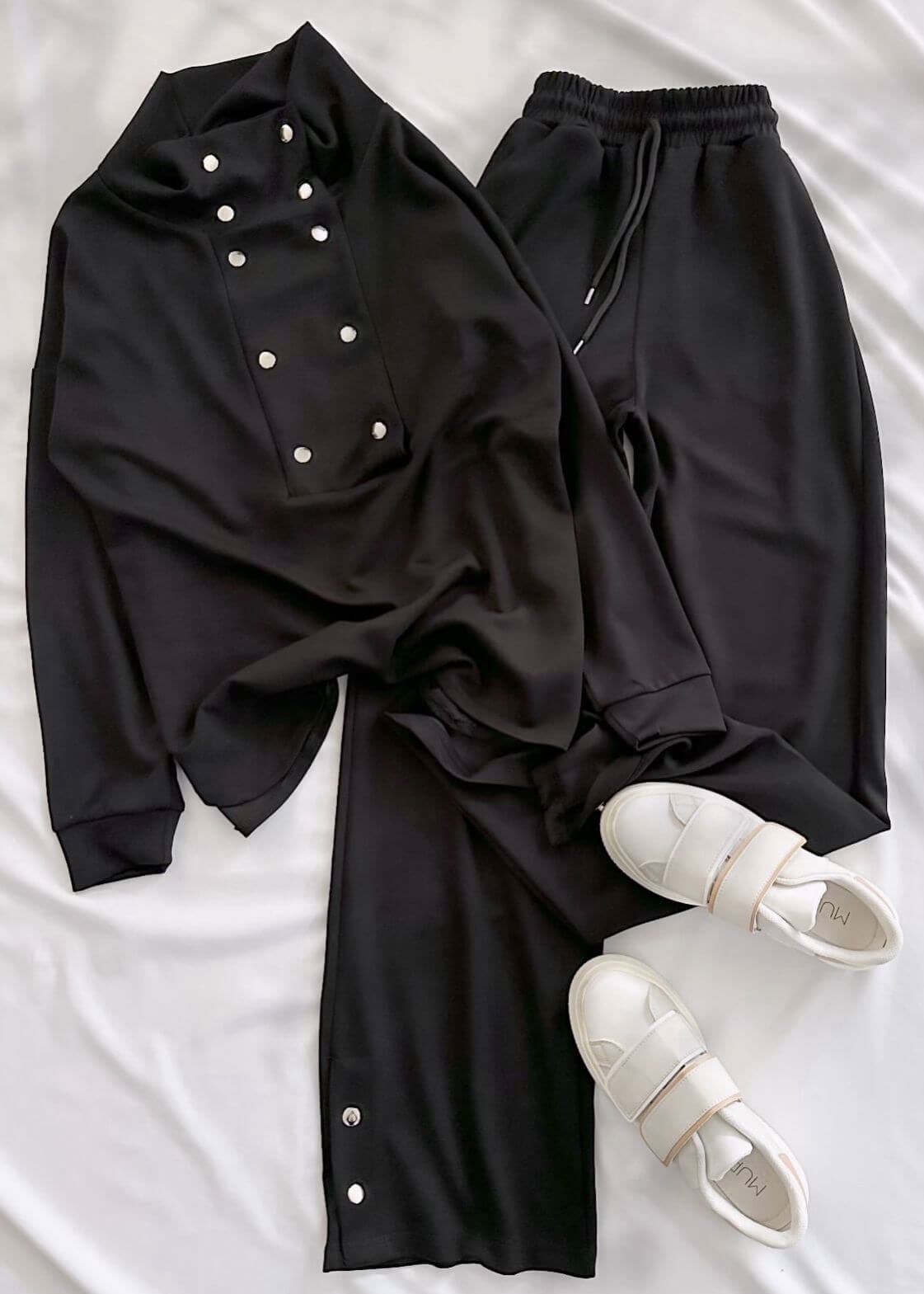 Siyah Ön Yaka Detay Modal Kumaş Takım