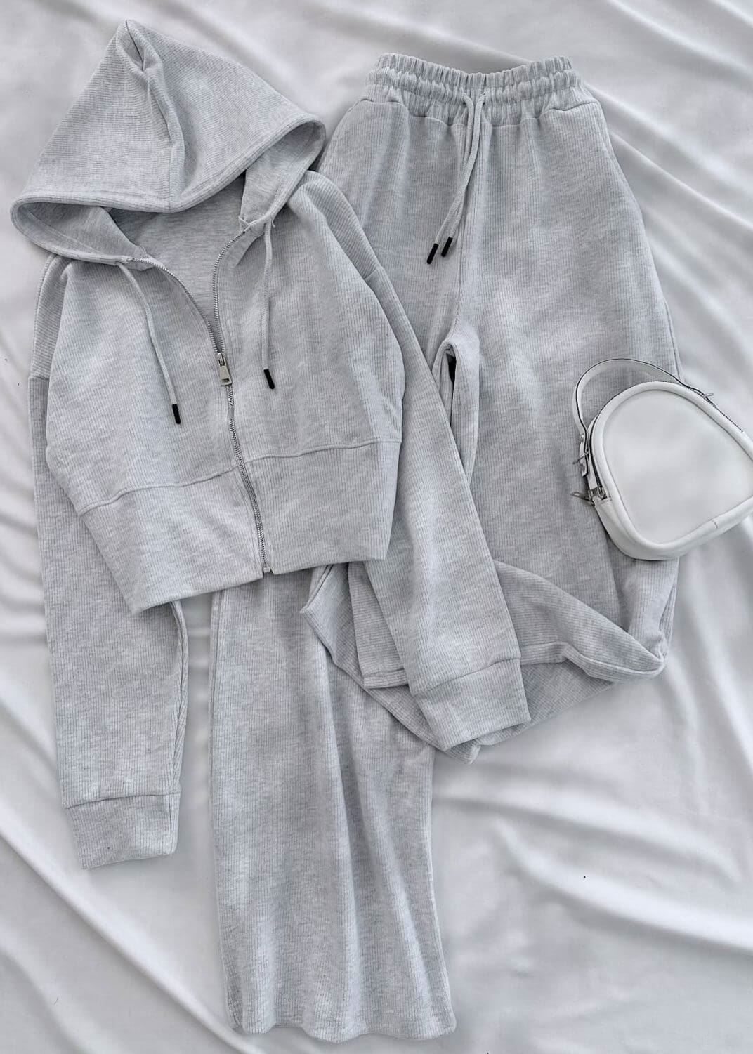 Açık Gri Selanik Kumaş Kapüşonlu Takım