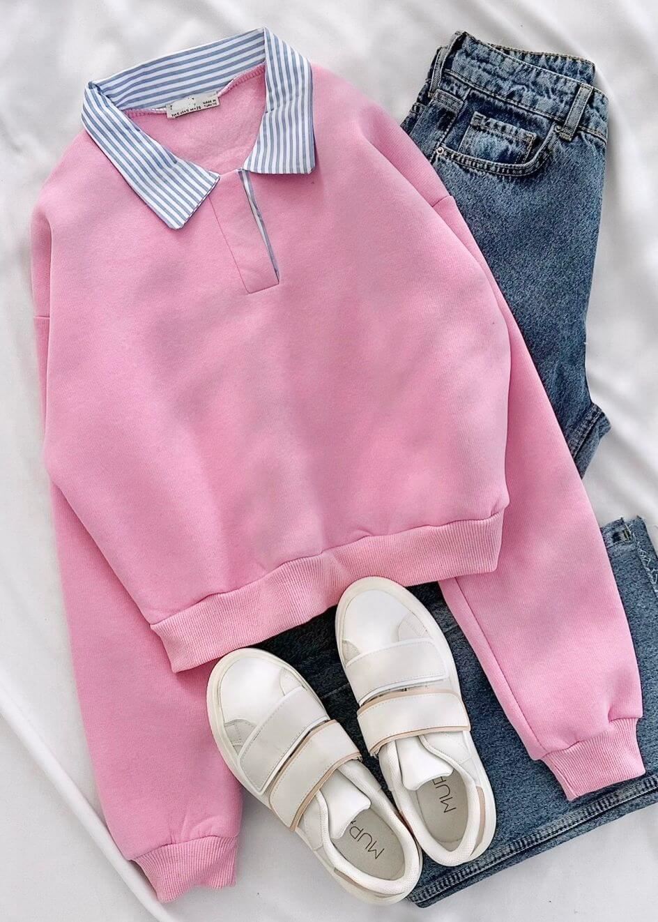 Pembe Gömlek Yaka Detay Sweat