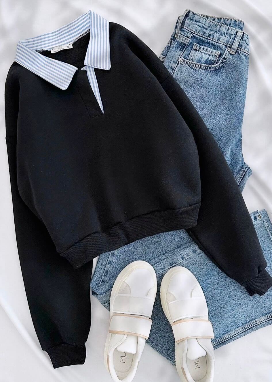 Siyah Gömlek Yaka Detay Sweat