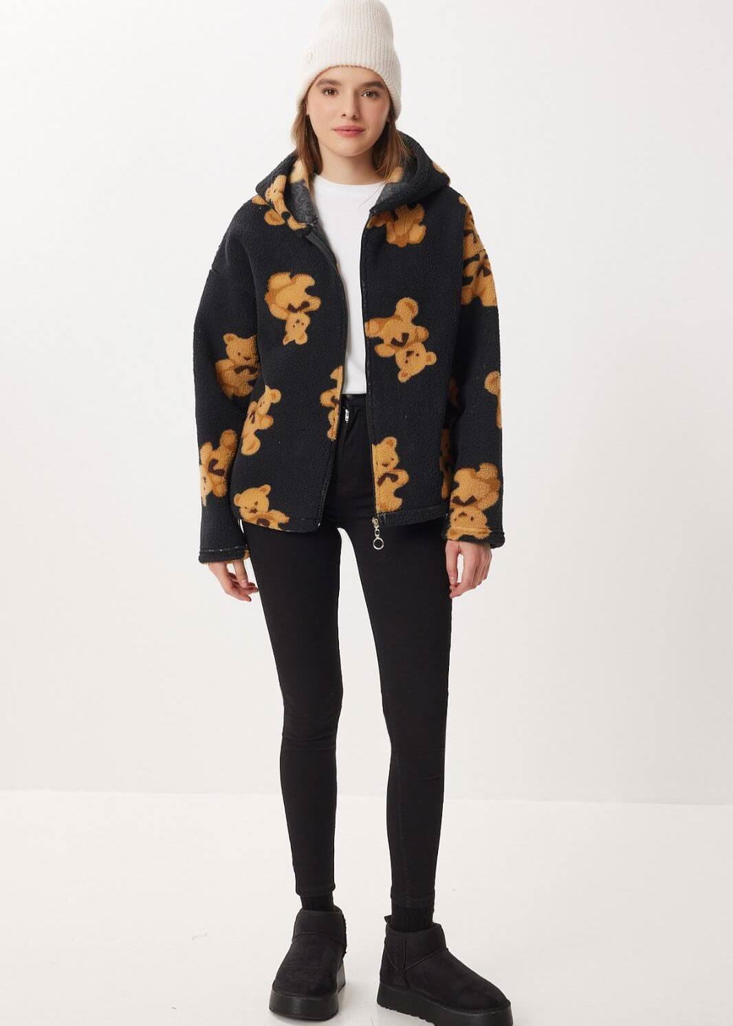 Siyah Ayıcık Kuzu Peluş Ceket