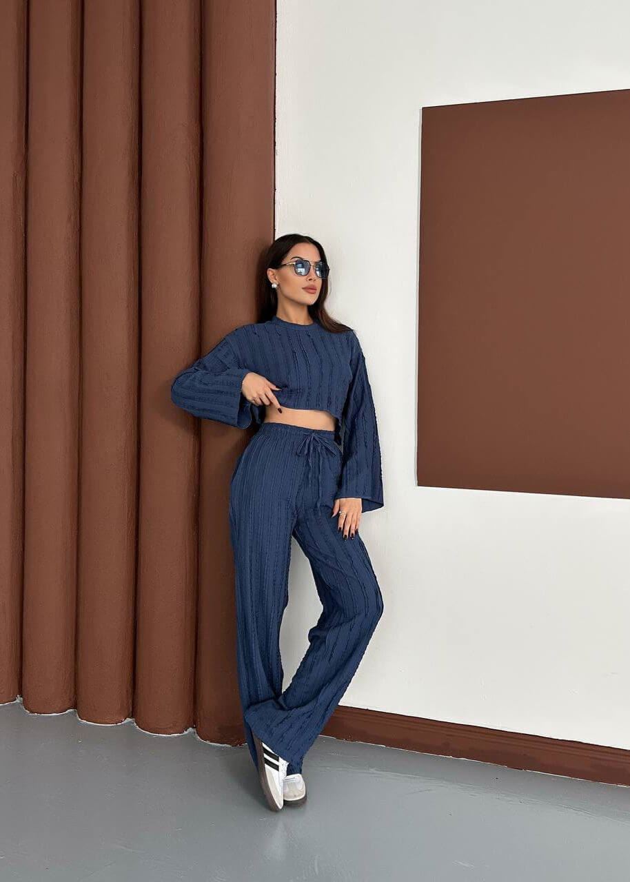 Mavi Dokulu Volan Kol Crop Takım