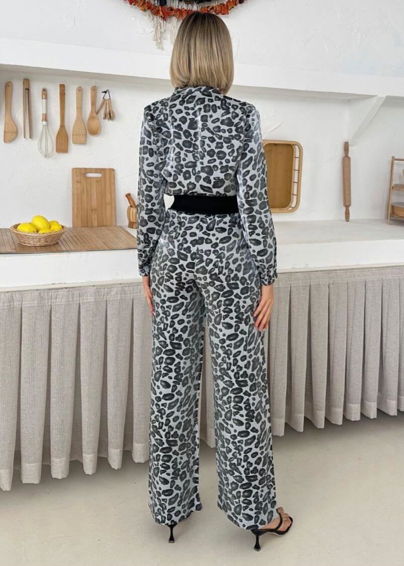 Gri Leopar Desen Ceket Pantolon Takım