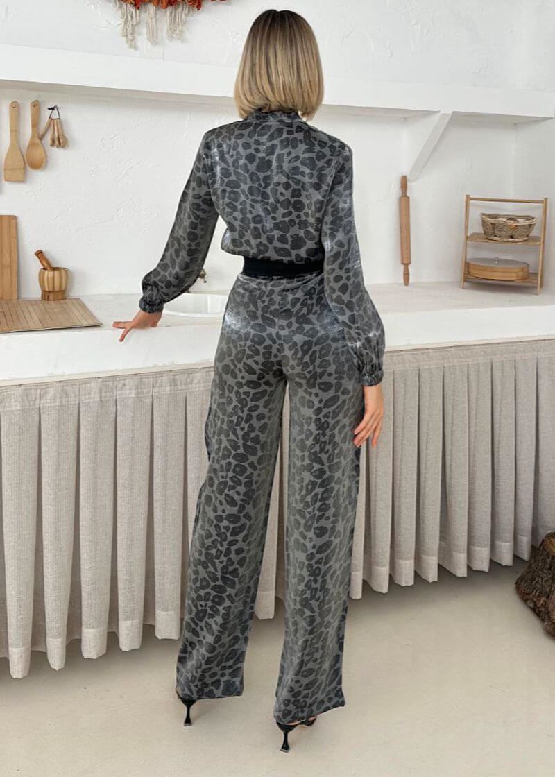 Antrasit Leopar Desen Ceket Pantolon Takım