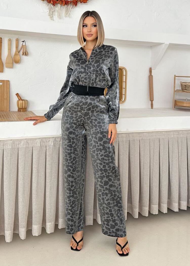 Antrasit Leopar Desen Ceket Pantolon Takım