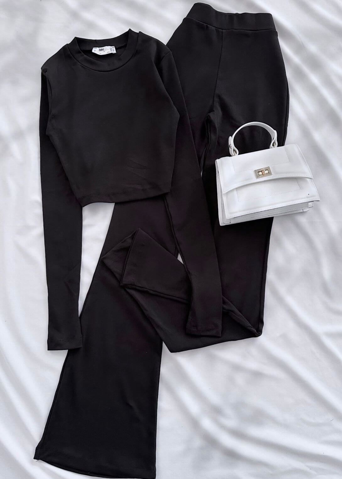 Siyah Parmak Detay Basic Crop Takım