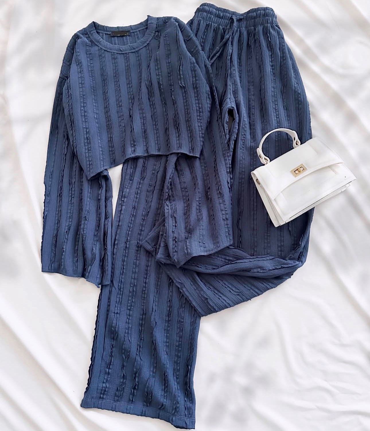 Mavi Dokulu Volan Kol Crop Takım