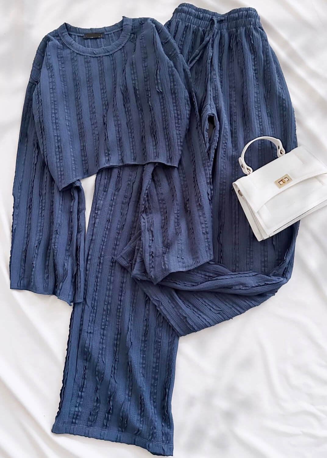 Mavi Dokulu Volan Kol Crop Takım