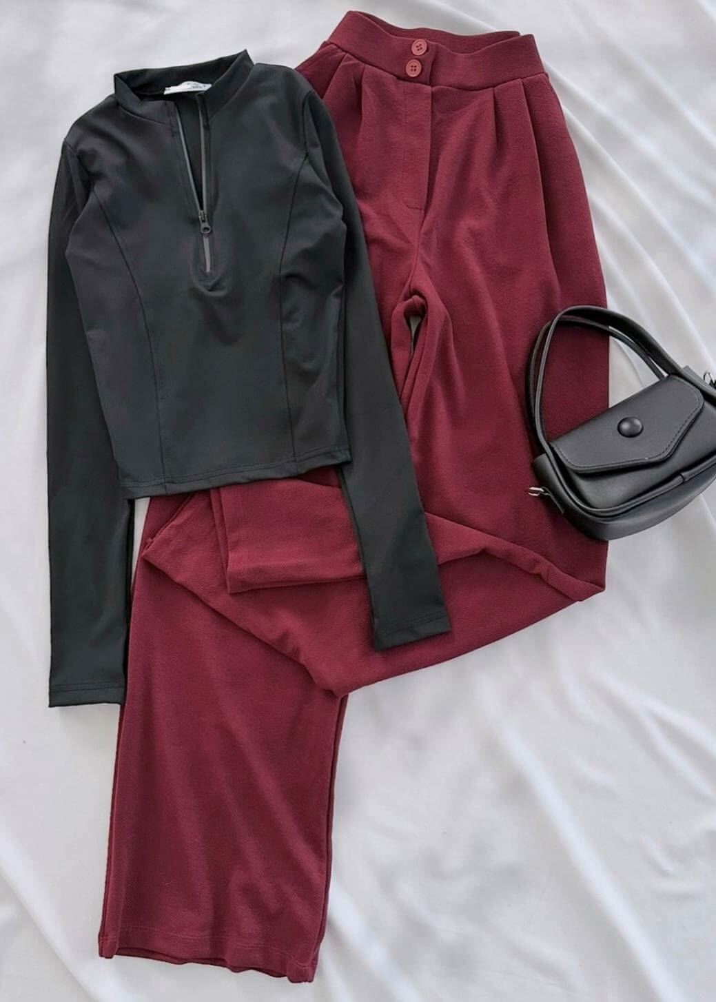 Bordo Düğme Detay Palazzo Pantolon