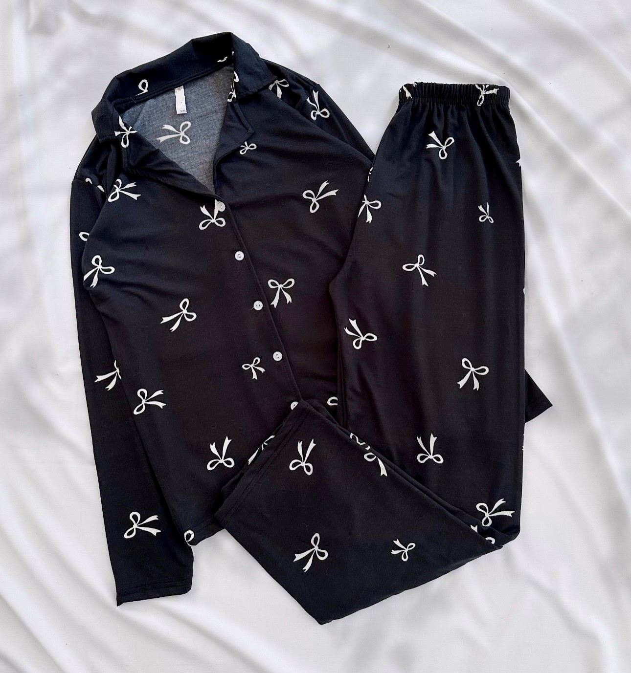 Siyah Fiyonk Desen Modal Pijama Takımı