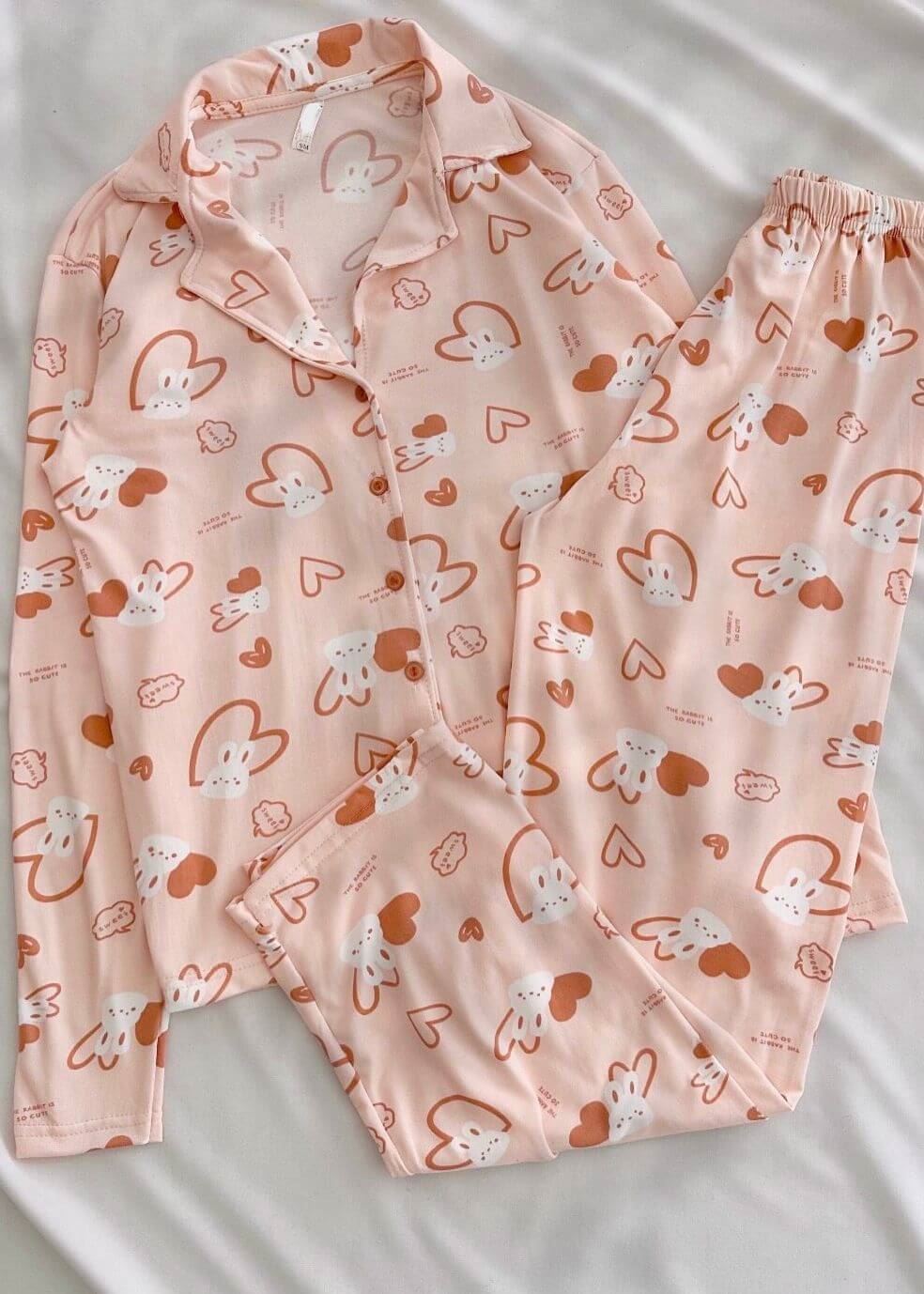 Somon Tavşan Desen Modal Pijama Takımı