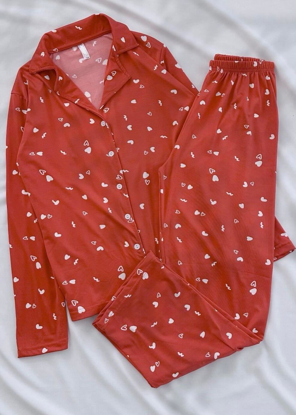 Kırmızı Kalp Desen Modal Pijama Takımı