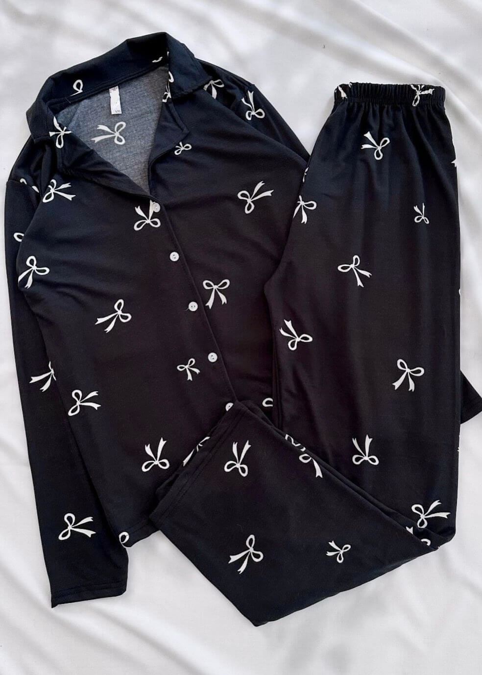 Siyah Fiyonk Desen Modal Pijama Takımı