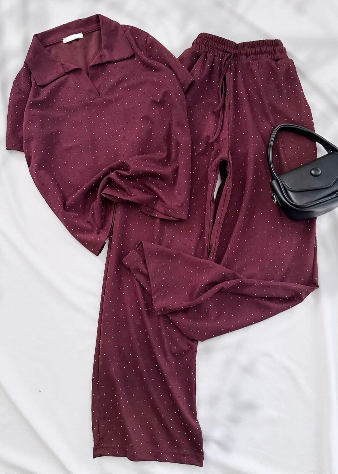 Bordo Taşlı Polo Yaka Oysh Takım