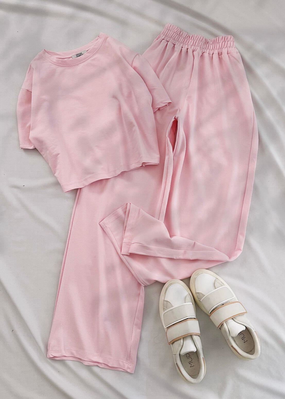 Pembe Basic Crop Bisiklet Yaka Takım