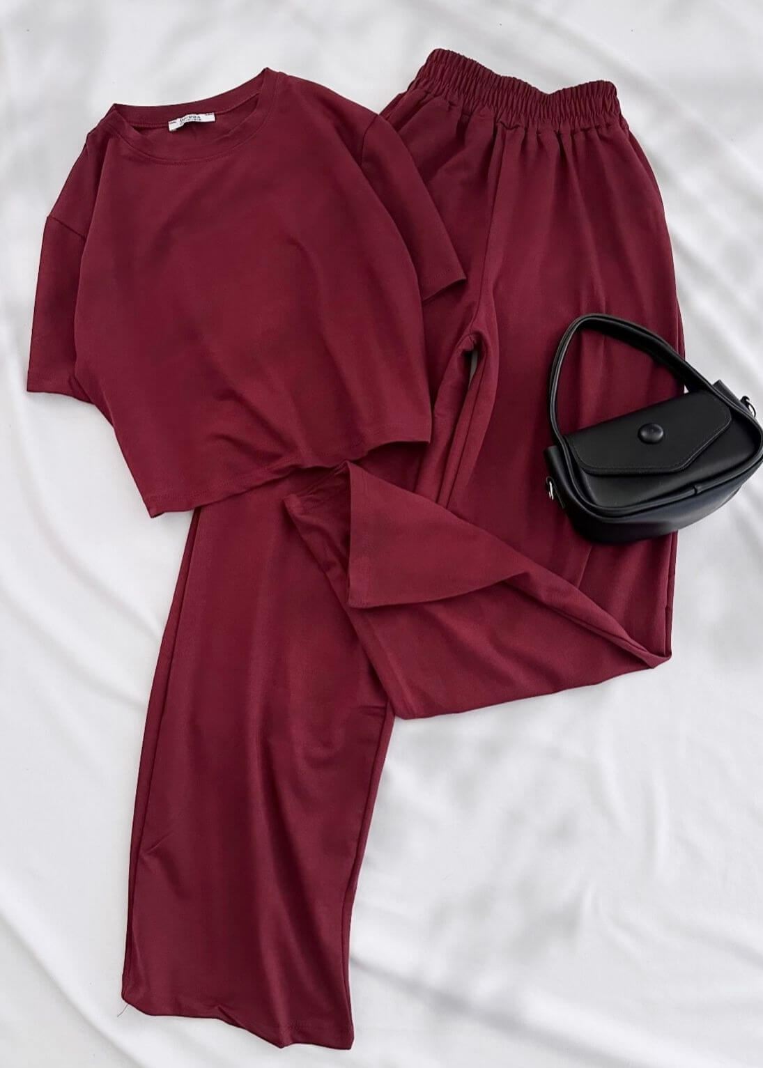 Bordo Basic Crop Bisiklet Yaka Takım
