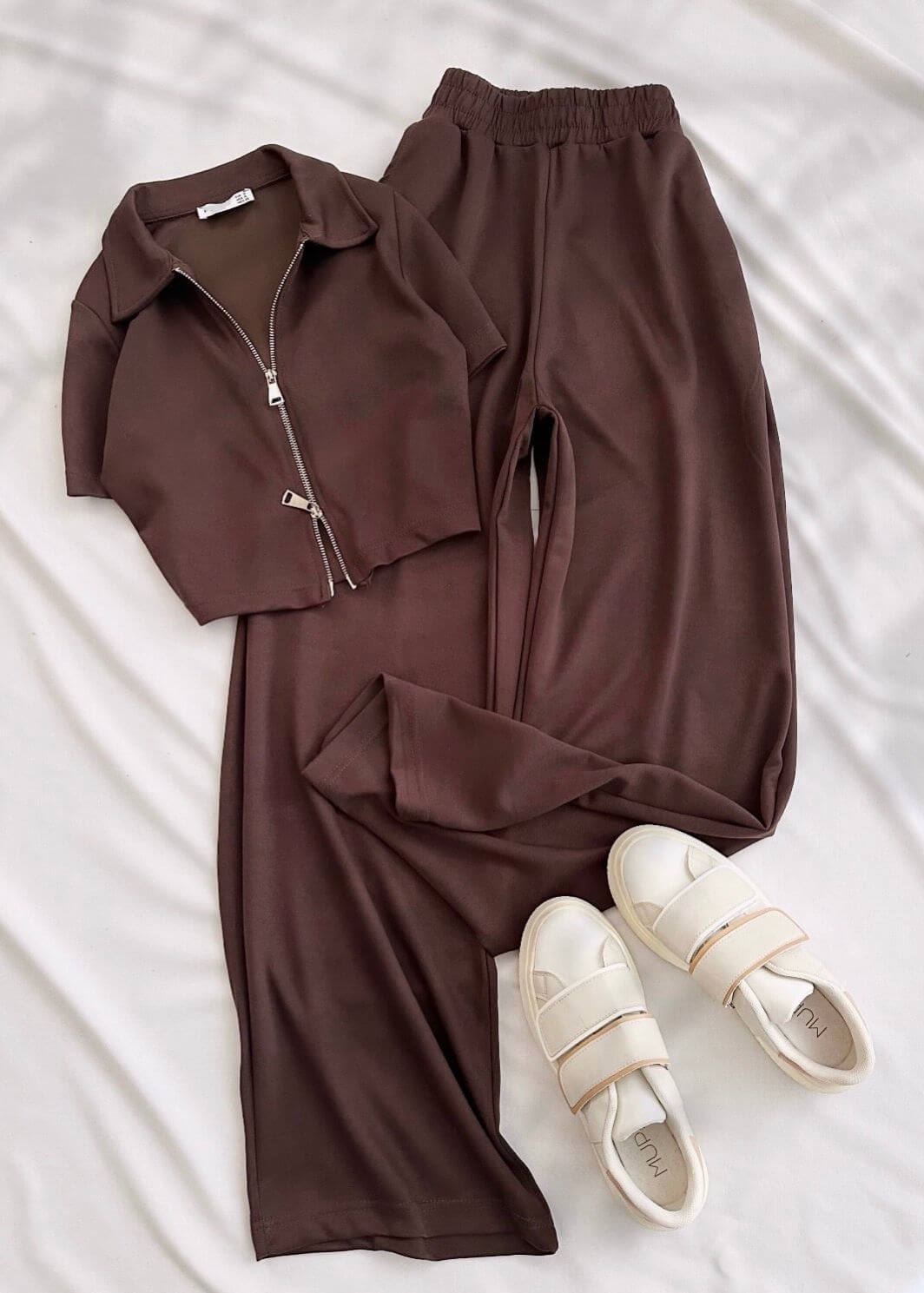 Kahverengi Çift Fermuar Detay Oysh Takım