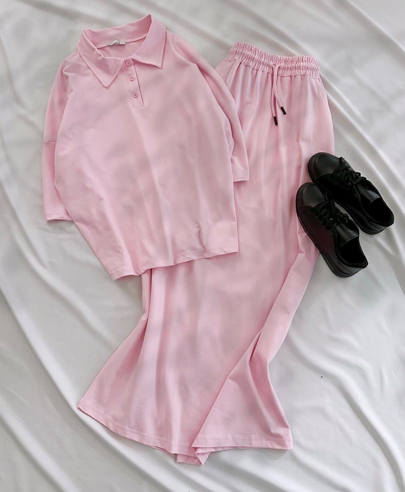 Pembe Polo Yaka Detay Etek Basic Takım