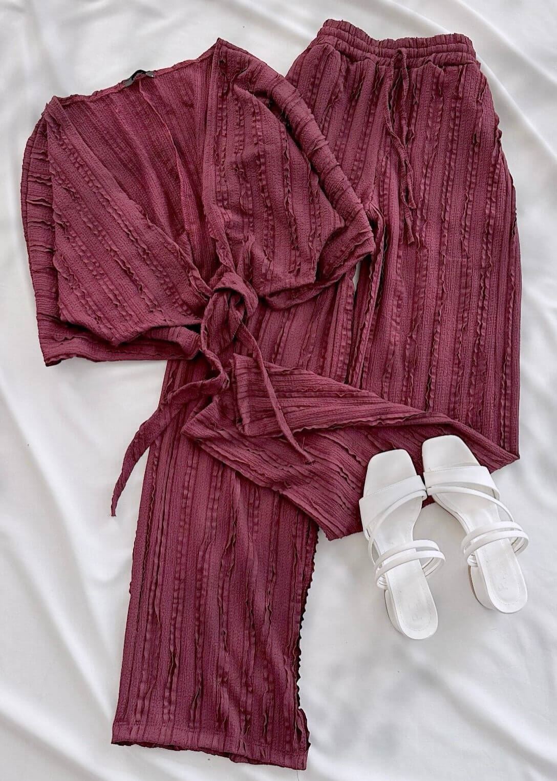 Bordo Bağlama Detay Dokuma Pantolon Takım