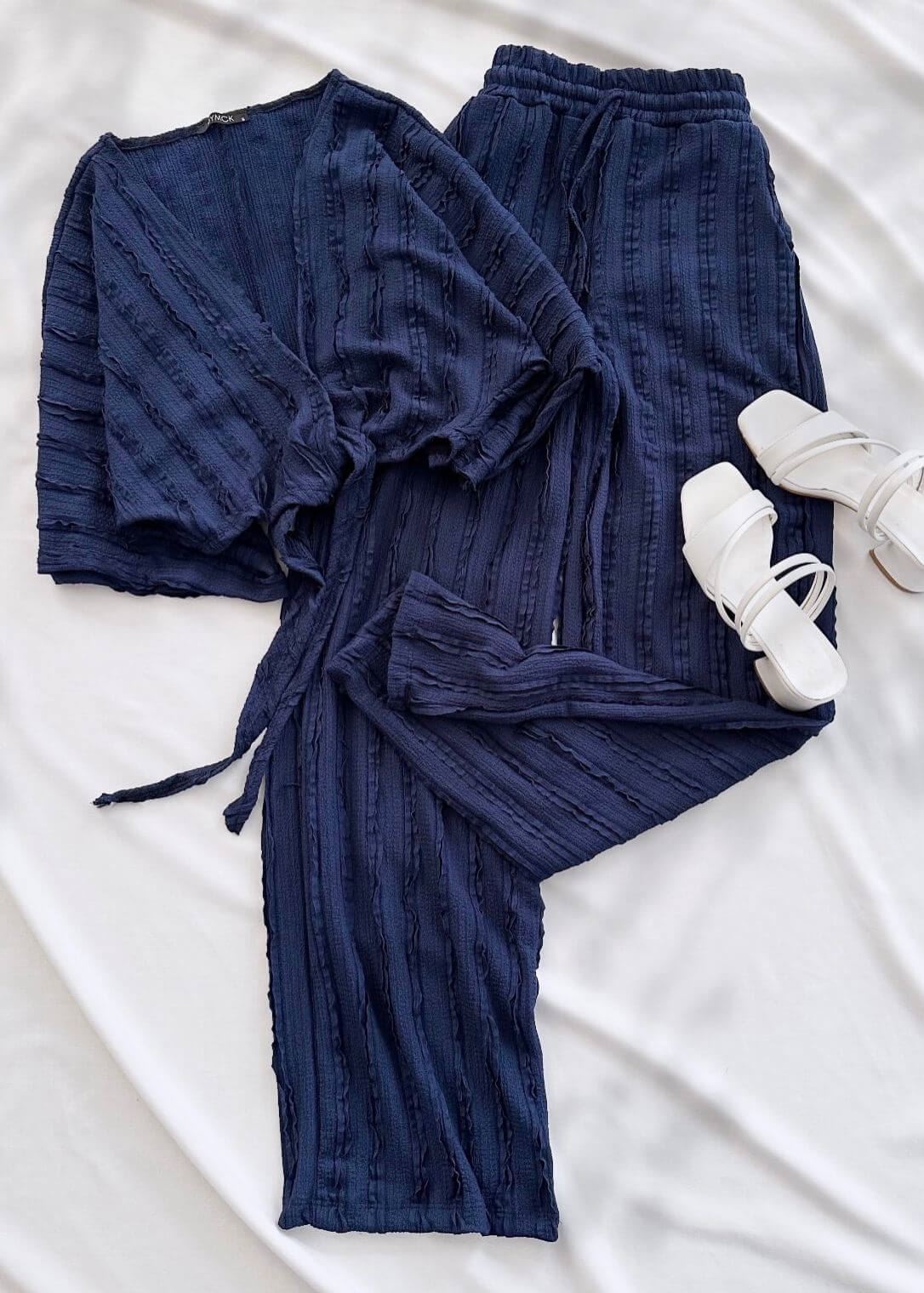 Lacivert Bağlama Detay Dokuma Pantolon Takım