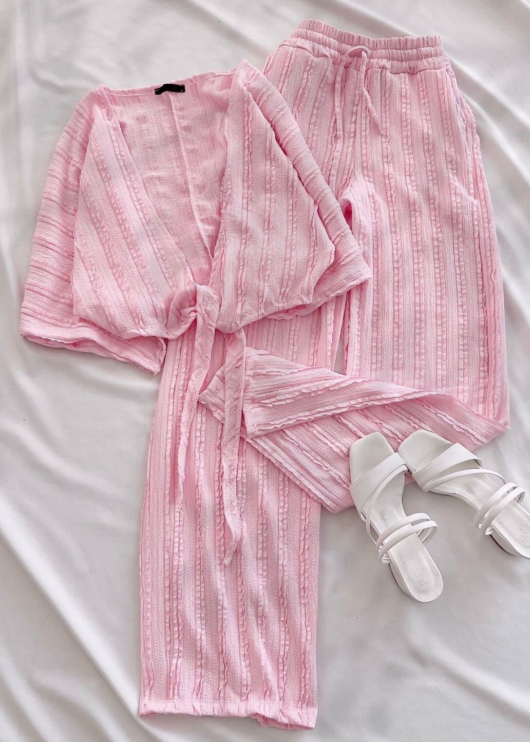 Pembe Bağlama Detay Dokuma Pantolon Takım