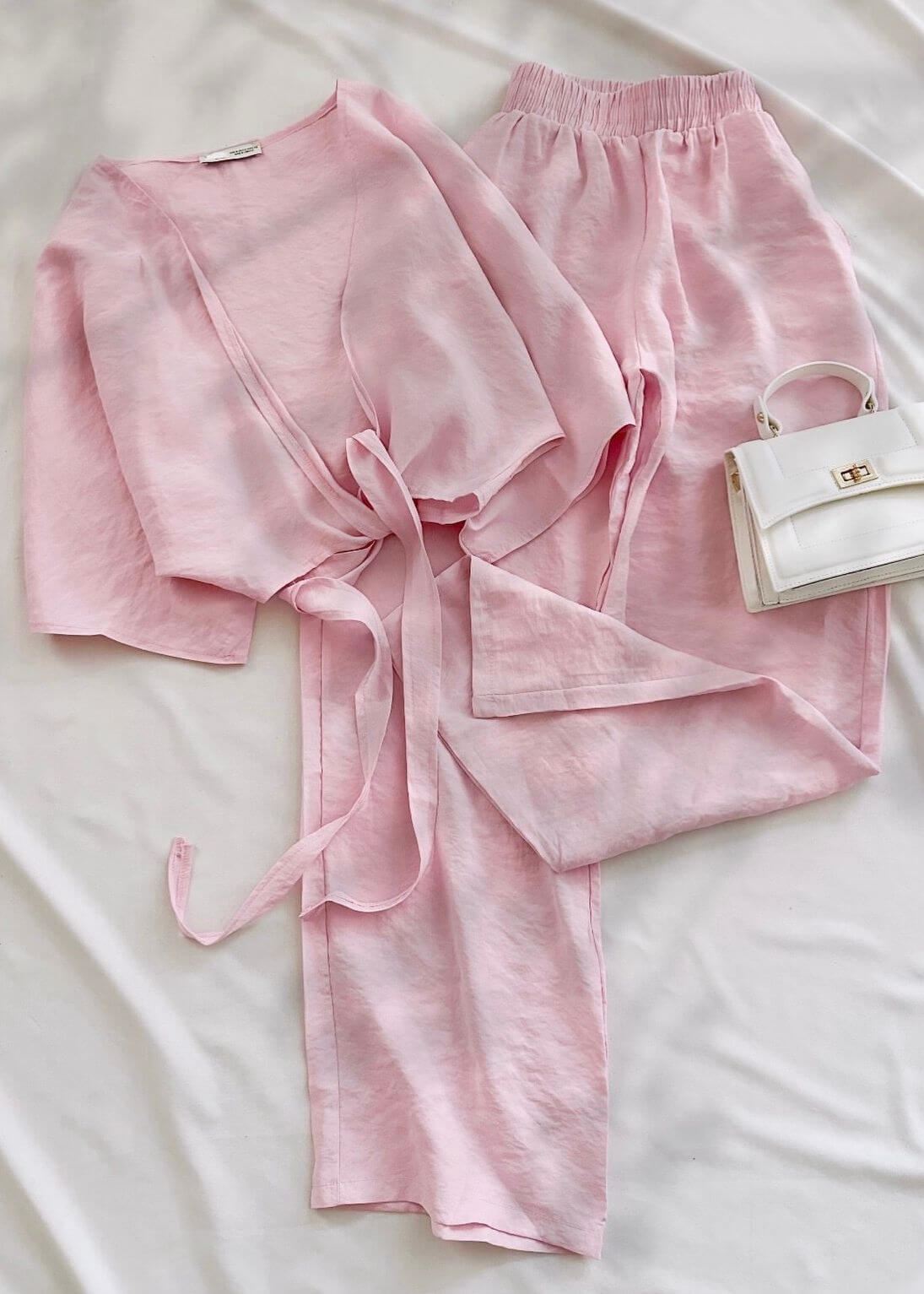 Pembe YS Tensel Kumaş Bel Bağlama Detay Takım