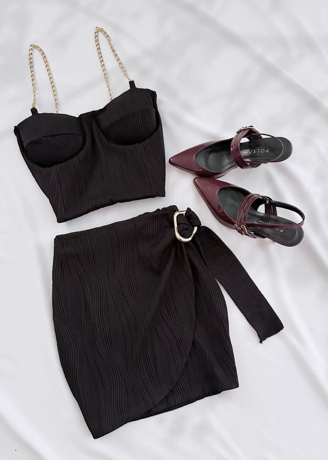 Siyah Gloplu YS Crop Etek Takım