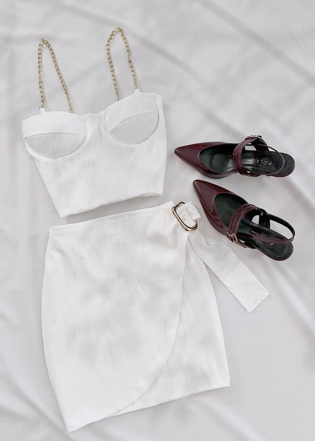 Beyaz Gloplu YS Crop Etek Takım