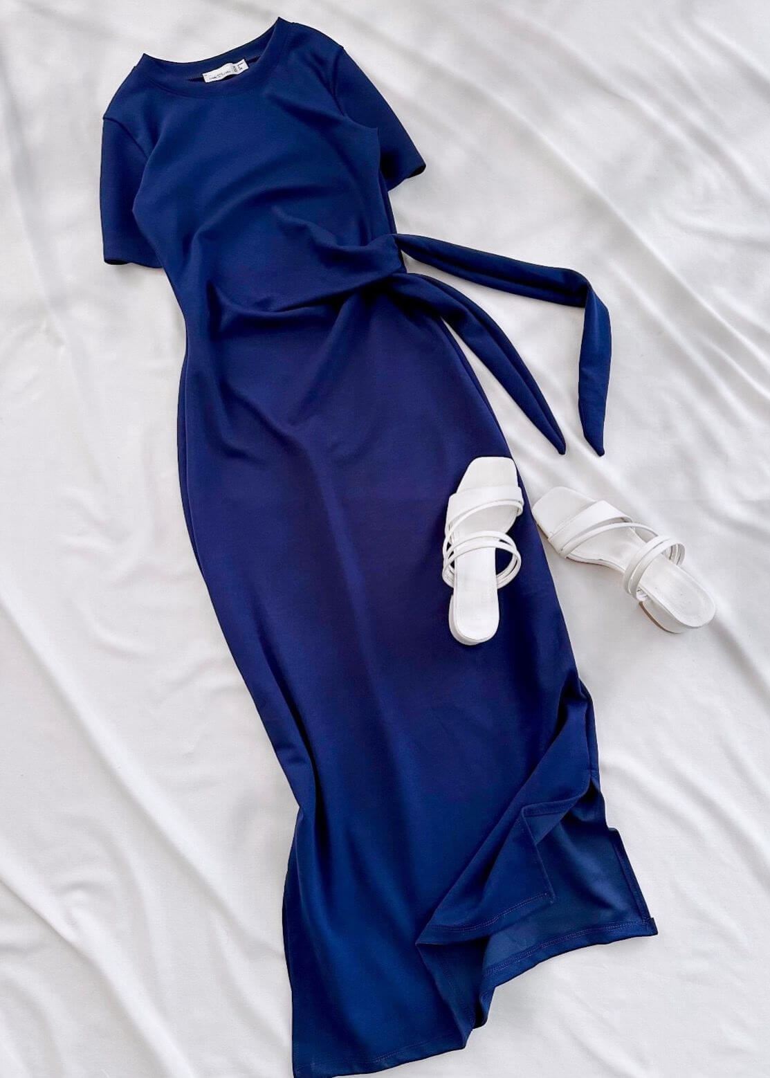 Lacivert Kuşak Detay Modal Elbise