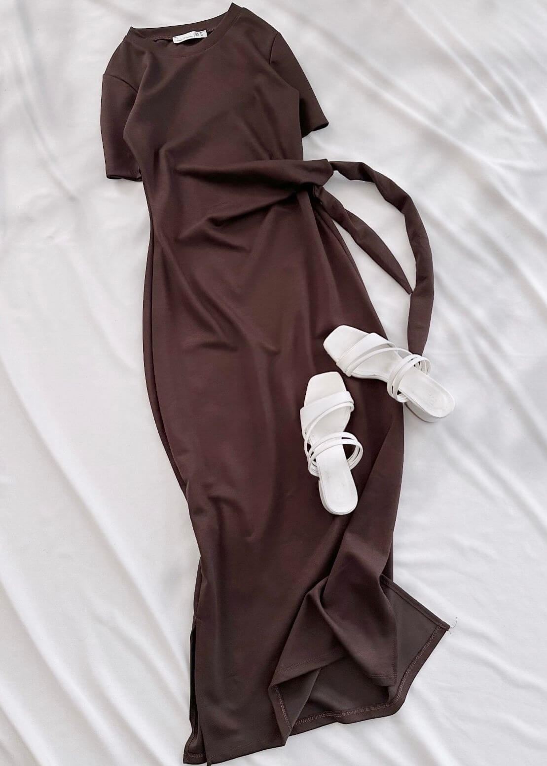 Kahverengi Kuşak Detay Modal Elbise