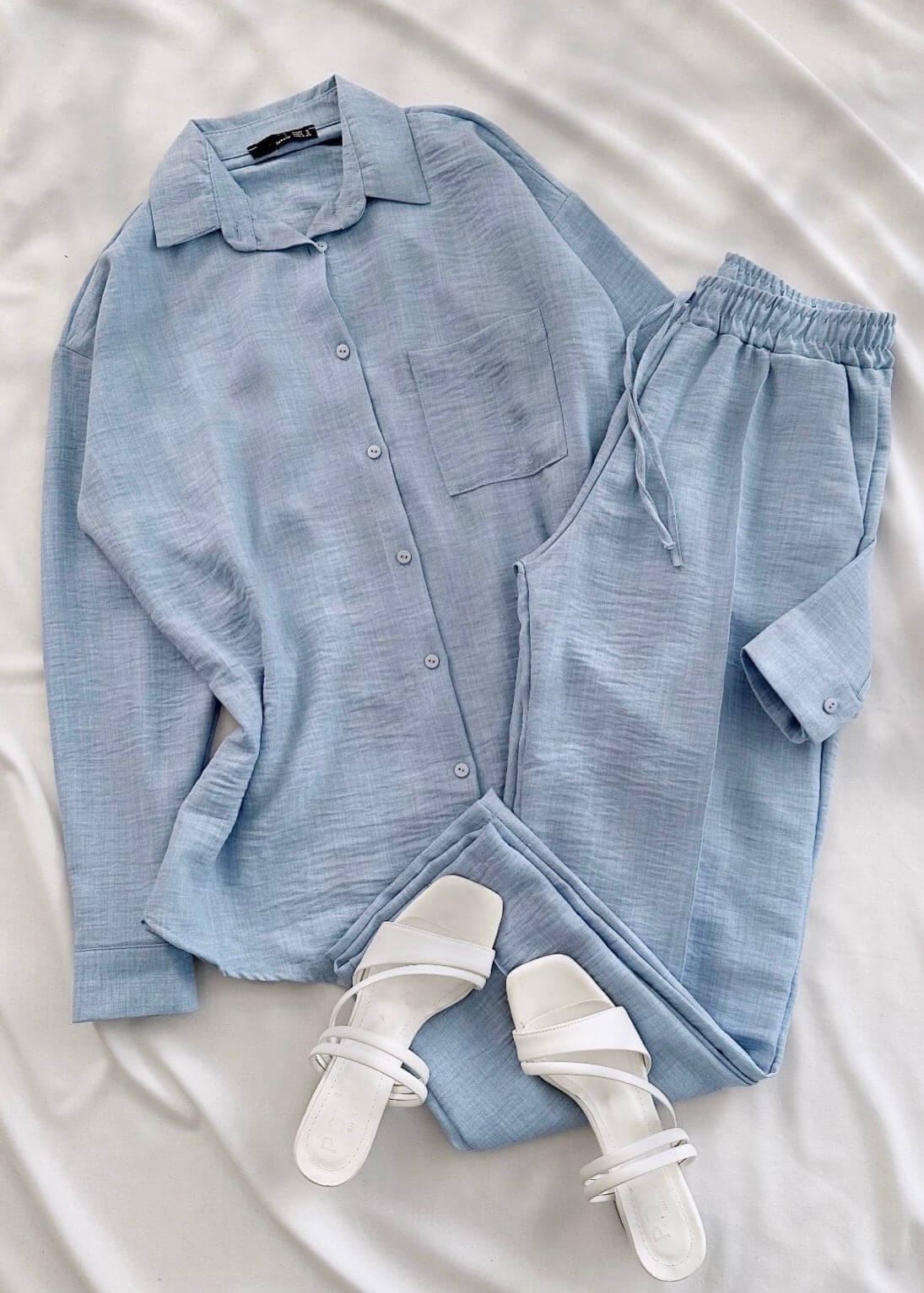 Mavi Keten Gömlek Pantolon Takım