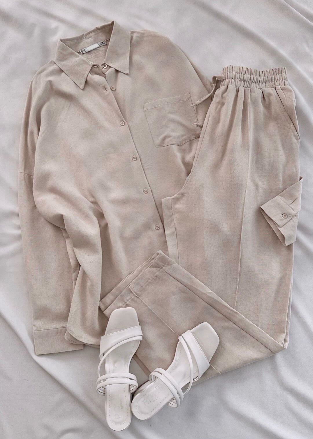 Bej Keten Gömlek Pantolon Takım