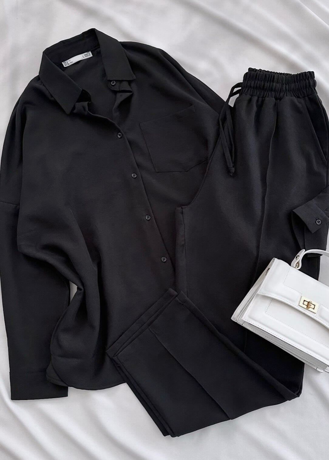 Siyah Keten Gömlek Pantolon Takım