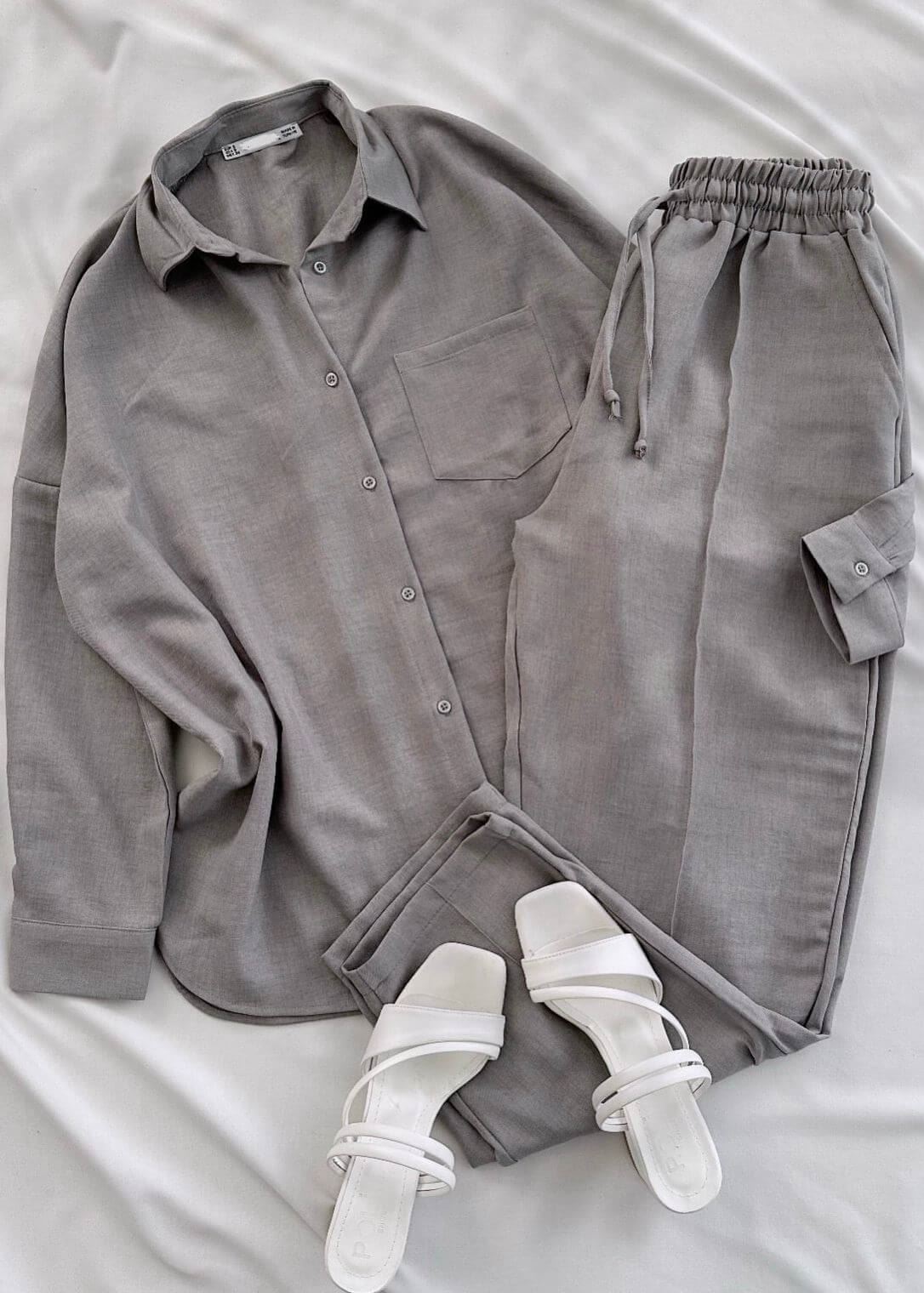 Gri Keten Gömlek Pantolon Takım