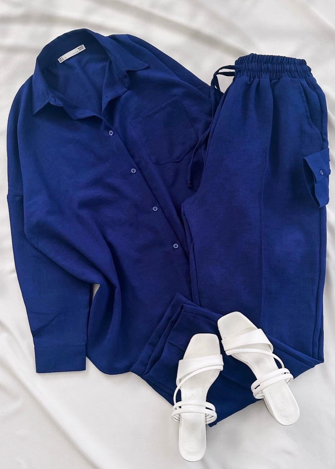 Lacivert Keten Gömlek Pantolon Takım