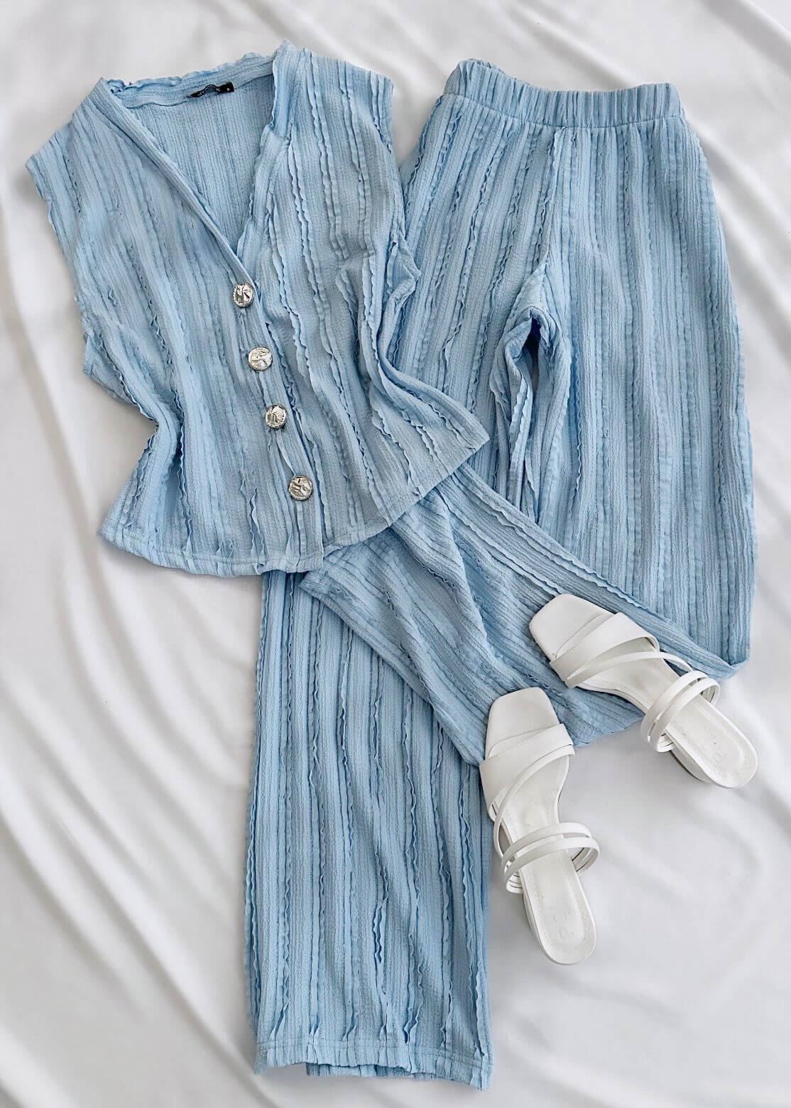 Mavi Dokulu Yelek Pantolon Takım