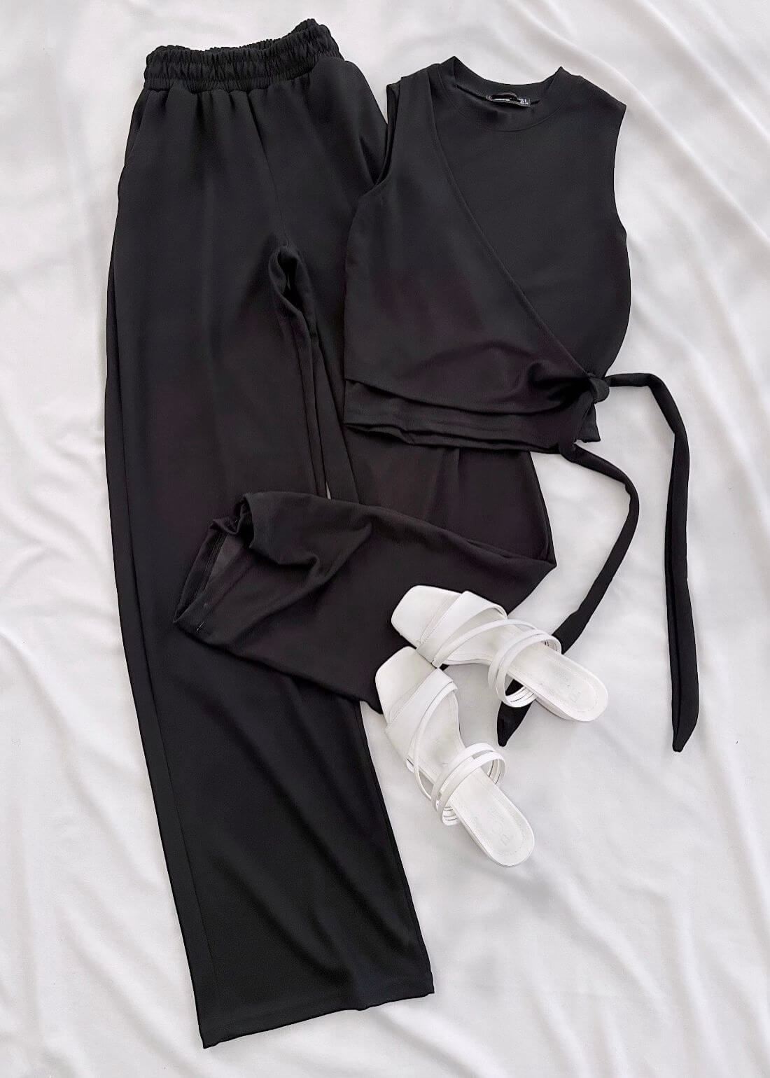 Siyah Oysh Yan Bağlama Detay Atlet Takım