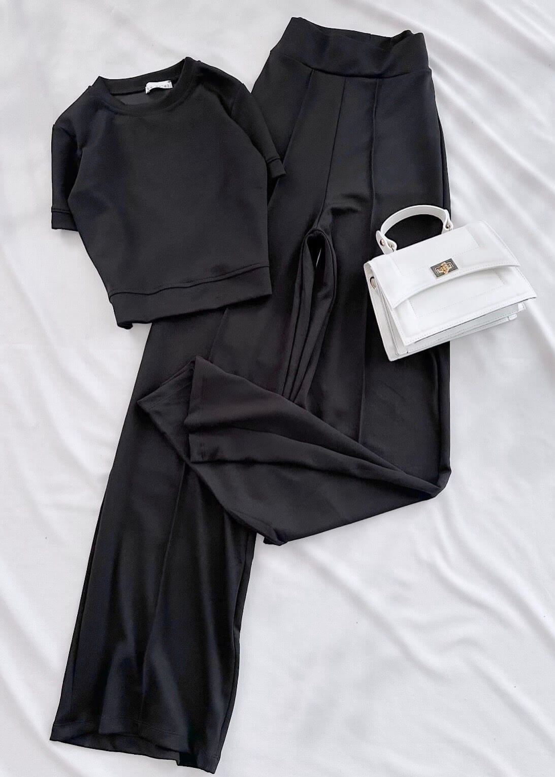 Siyah Oysh Crop Emj Takım